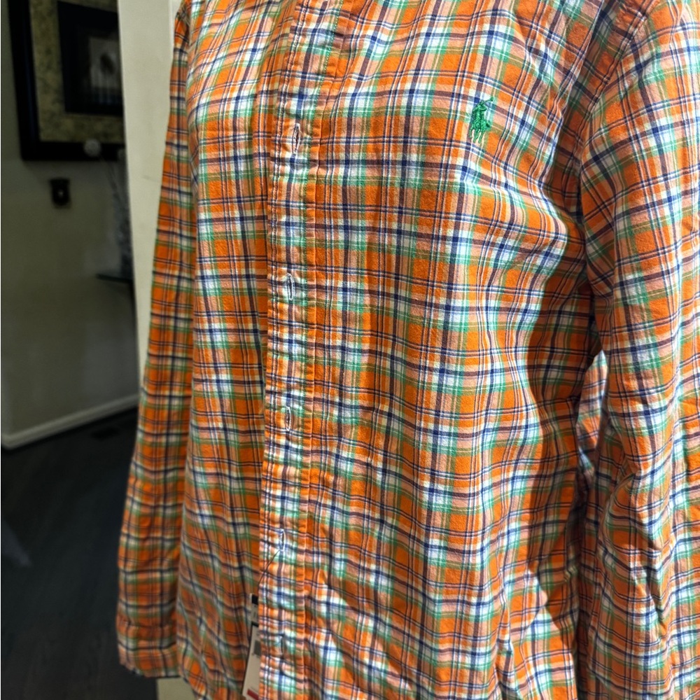 Polo by Ralph Lauren Orange and Green Casual Chambray Button Down Shirt M